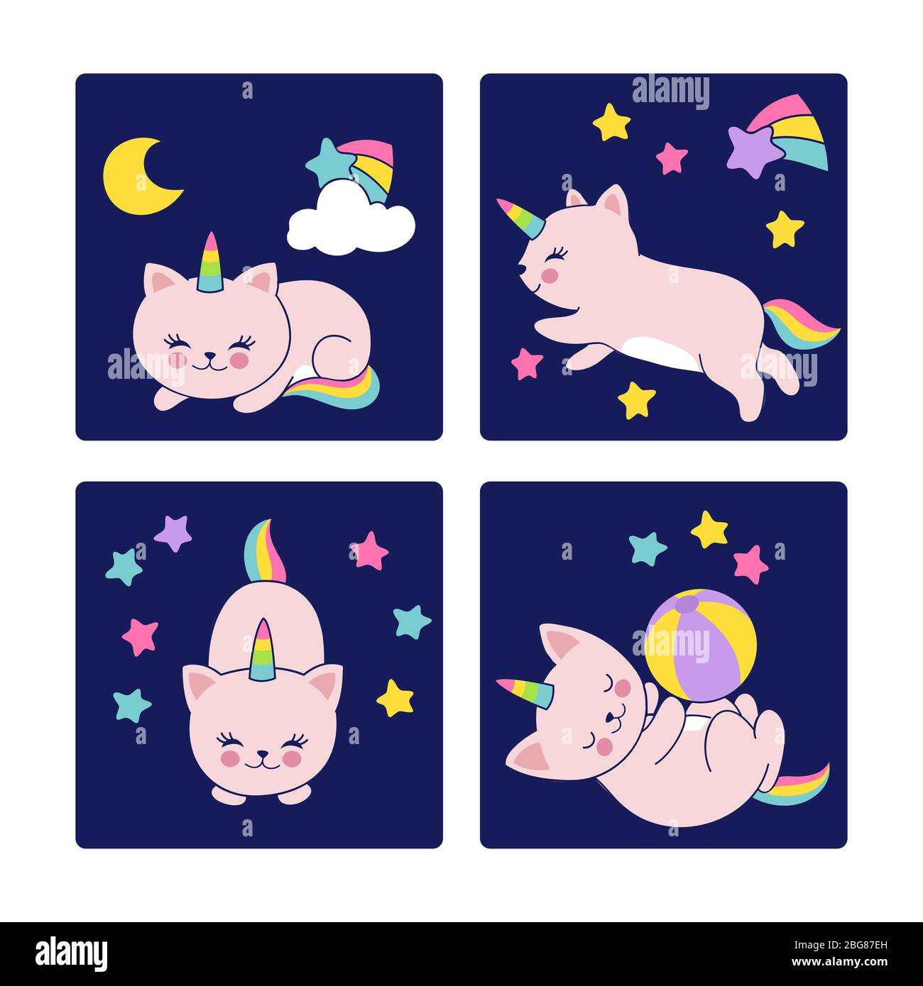 Buone carte notte con gatti dormienti illustrazione vettoriale. Animale gatto unicorn scheda, cartone animato sonno sogno in cielo Illustrazione Vettoriale
