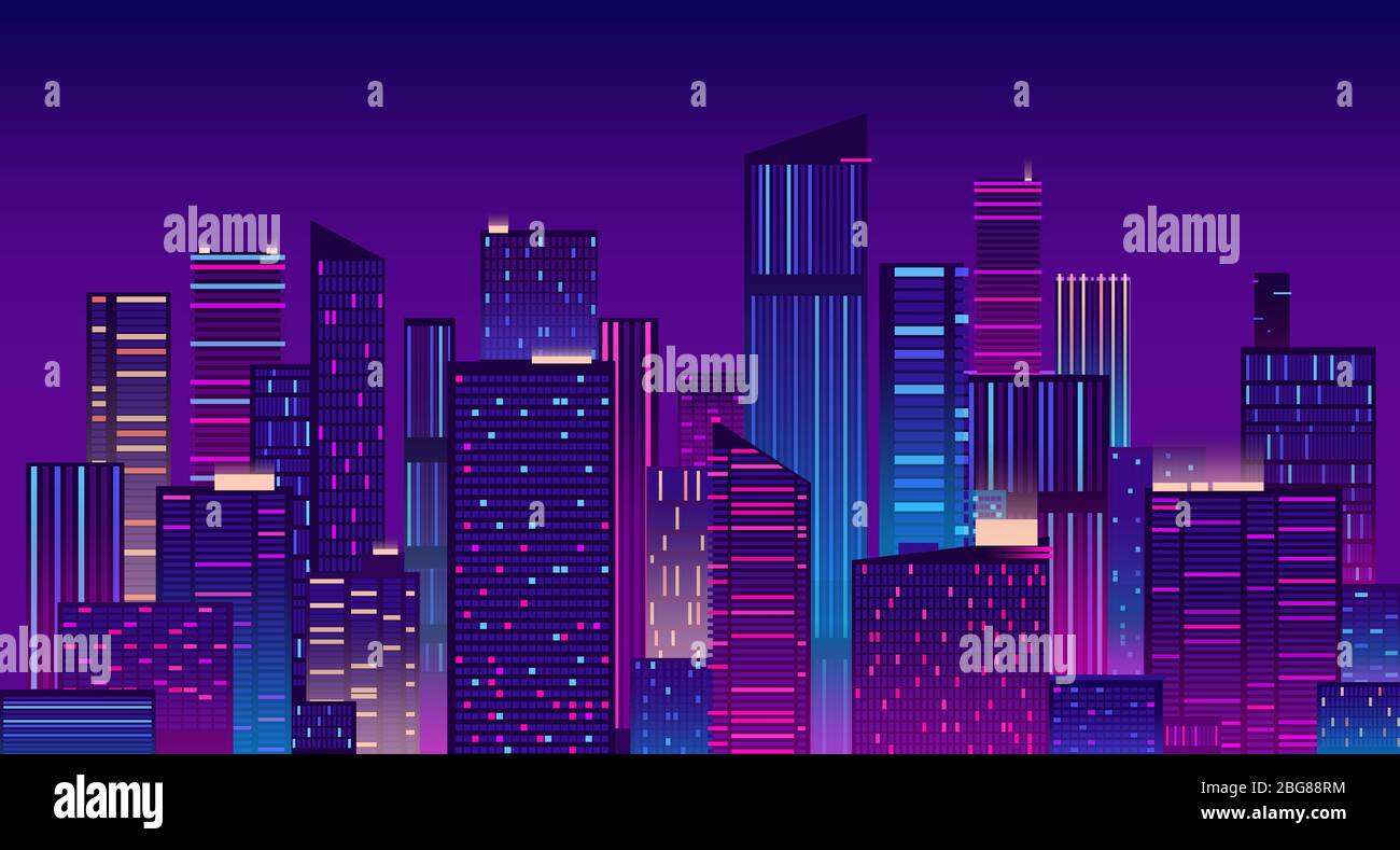 Città notturna. Colorato sfondo urbano di New york. Illustrazione vettoriale panorama del paesaggio urbano moderno. Città skyline urbano, architettura centro grattacielo il Illustrazione Vettoriale