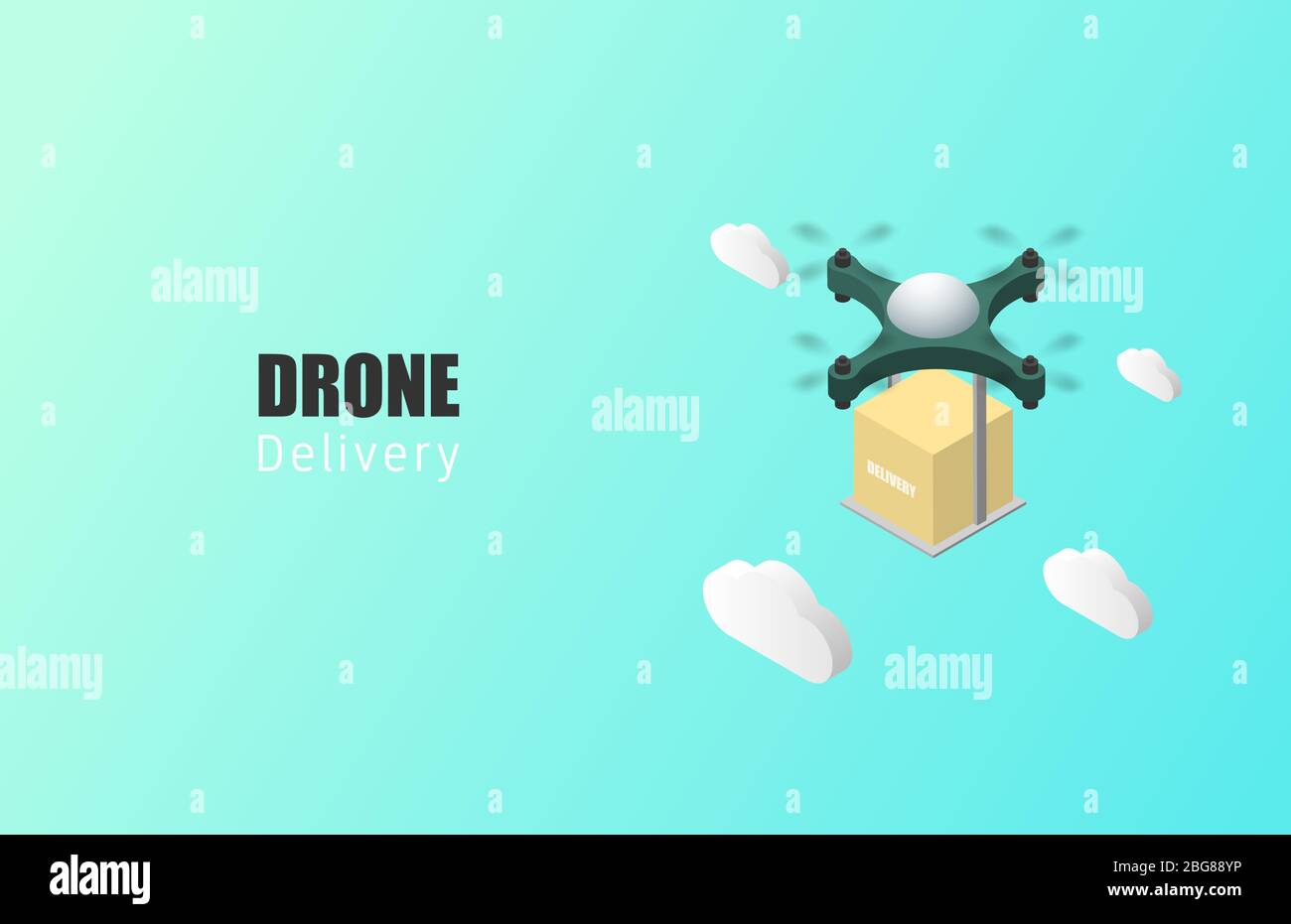 Poster o banner di concetto di consegna dei droni con drone isometrico che trasporta pacchi in aria. Illustrazione Vettoriale