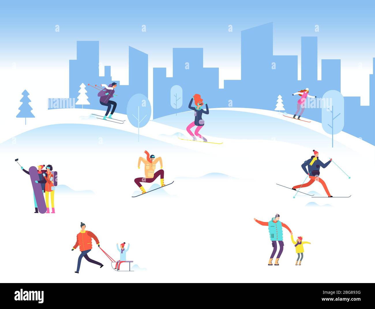 Buon Natale sfondo con le persone nel parco invernale. Famiglia, adulti e bambini snowboard e sci all'aperto. Illustrazione vettoriale. Sci persone neve, m Illustrazione Vettoriale