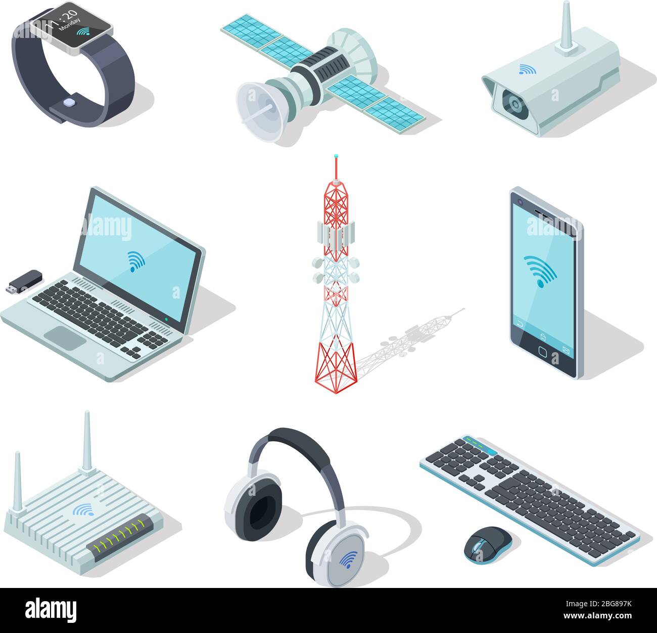 Dispositivi elettronici. Connessione di gadget wireless isometrici. Telecomando, router per telefoni cellulari. Tecnologia di connessione set vettoriale 3d. Illustrazione di Illustrazione Vettoriale
