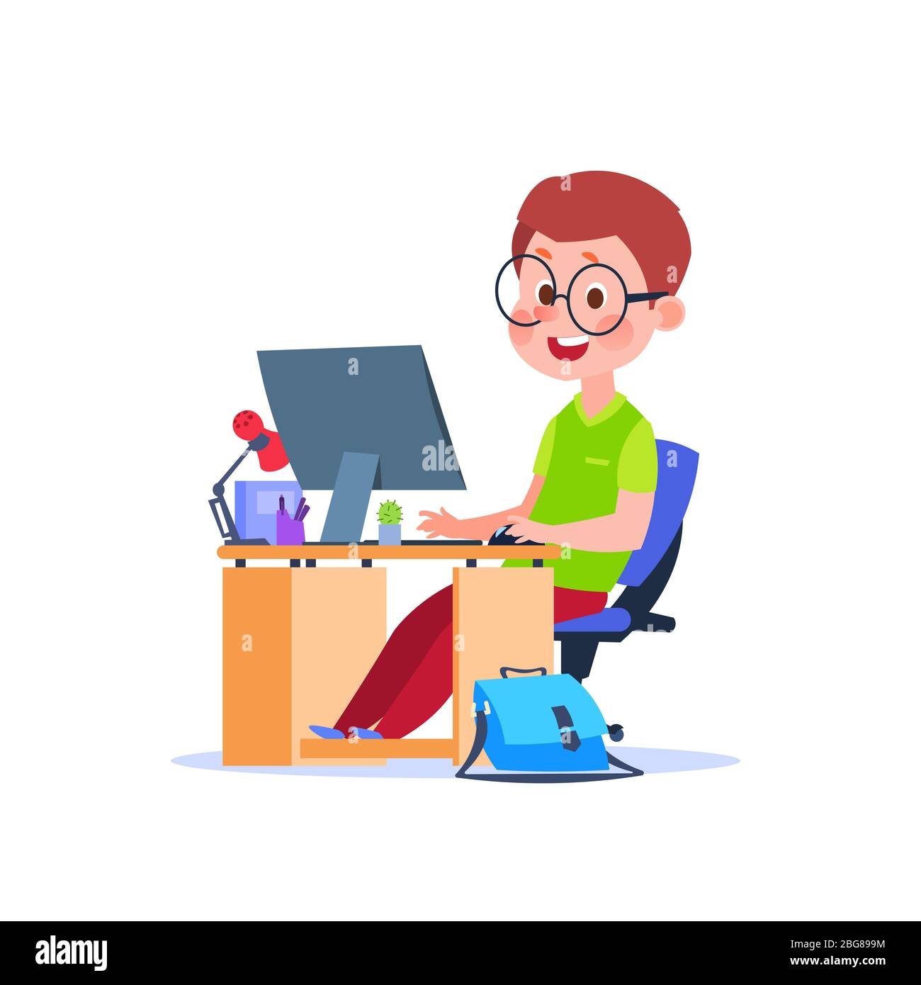 Bambino al computer. Ragazzo cartoon che impara alla scrivania con il laptop. Studente che studia il concetto di vettore di codice. Ragazzo sorridendo alla programmazione del monitor, imparare illustrazione in linea Illustrazione Vettoriale