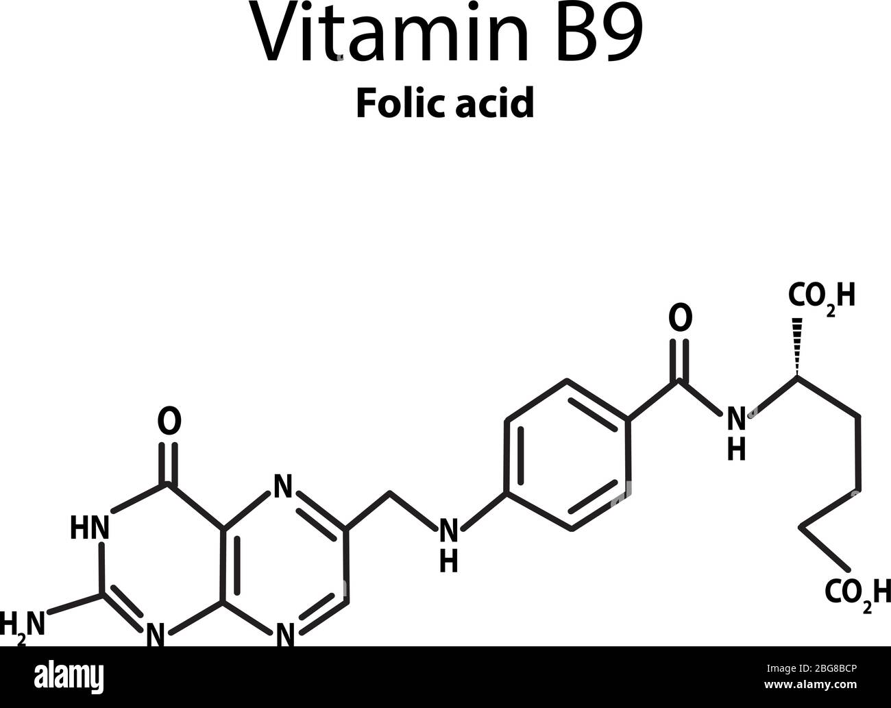 Vitamina B9. Formula chimica molecolare dell'acido folico. Infografica. Illustrazione vettoriale su sfondo isolato. Illustrazione Vettoriale