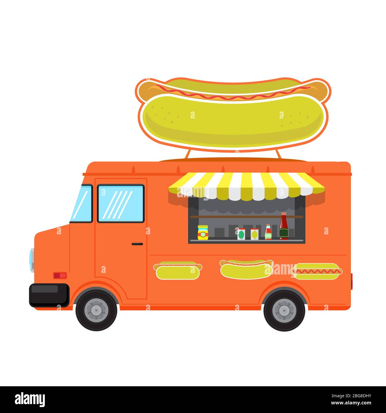 Orange Food Truck con Big Hot Dog in cima isolato su sfondo bianco Illustrazione Vettoriale