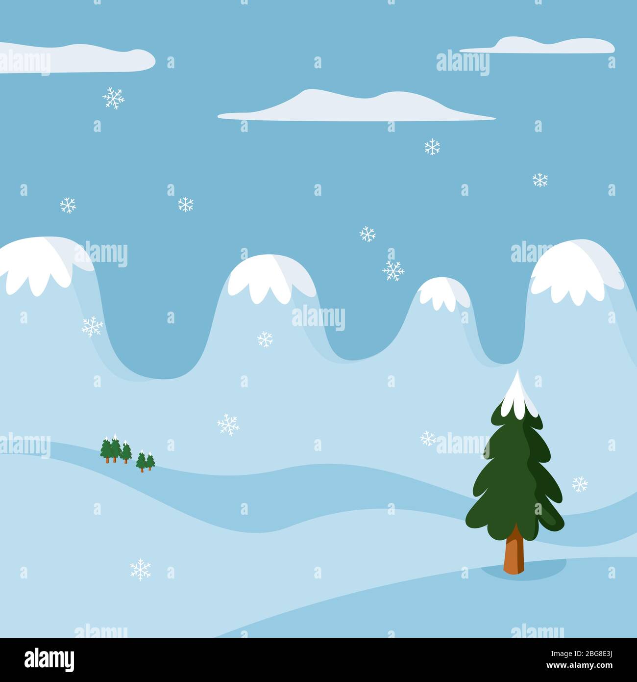 Illustrazione Vettoriale. Paesaggio invernale in stile cartoon e colori tenui. Illustrazione Vettoriale