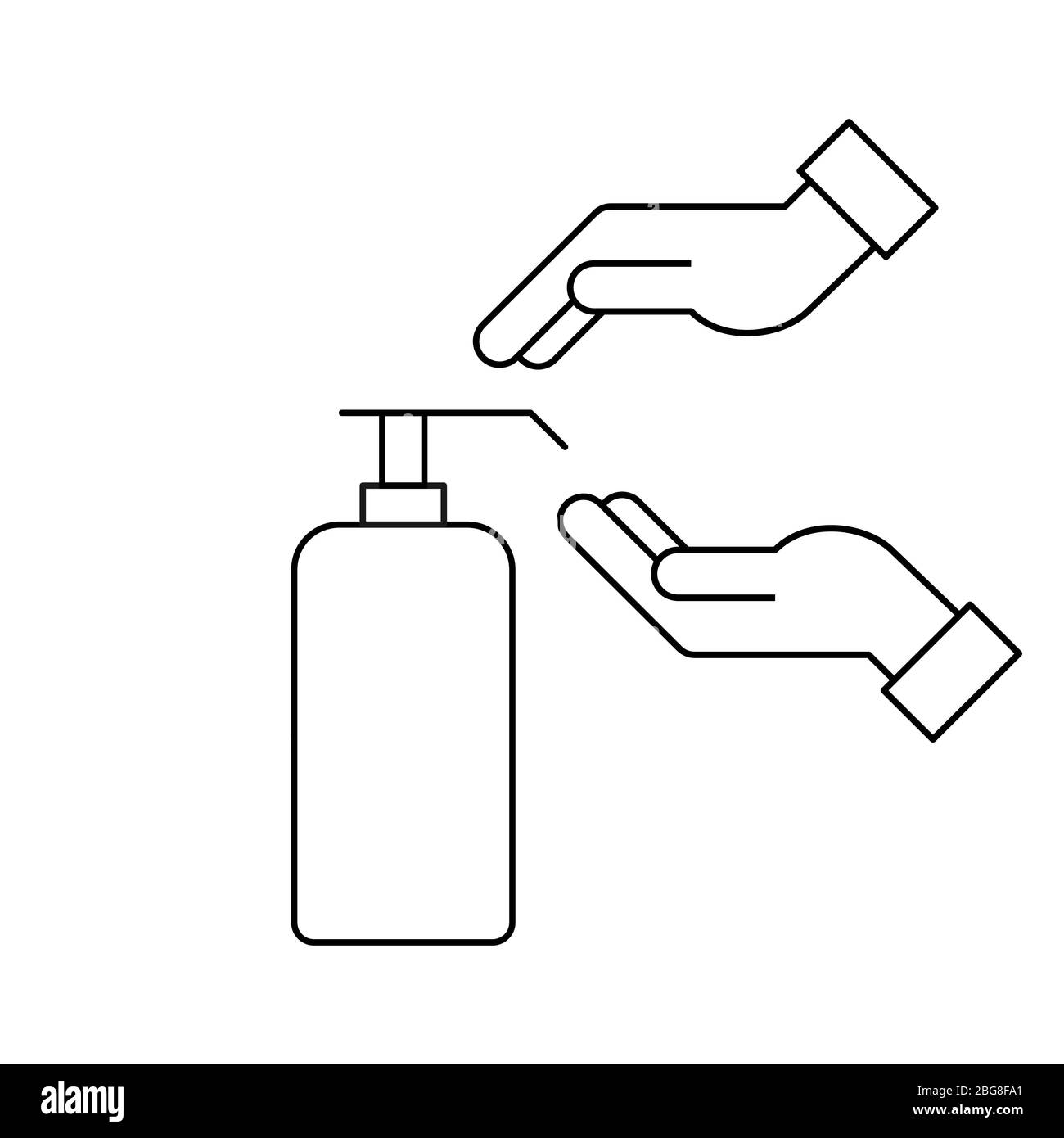Mani con pompa igienizzante. Simbolo o simbolo di disinfezione delle mani. Concetto di lavaggio delle mani. Sapone liquido. Icona a linea nera su sfondo bianco. Vettore Illustrazione Vettoriale