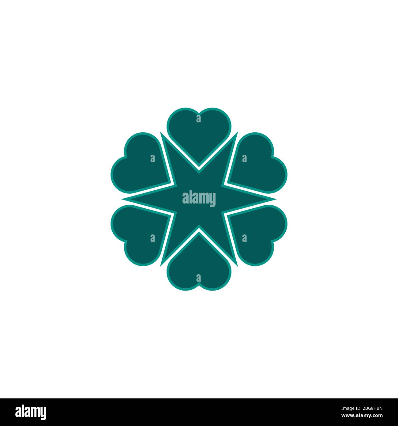 Modello floreale con logo ornamentoso, combinazione di sei cuori e stella, isolato su sfondo bianco. Illustrazione Vettoriale