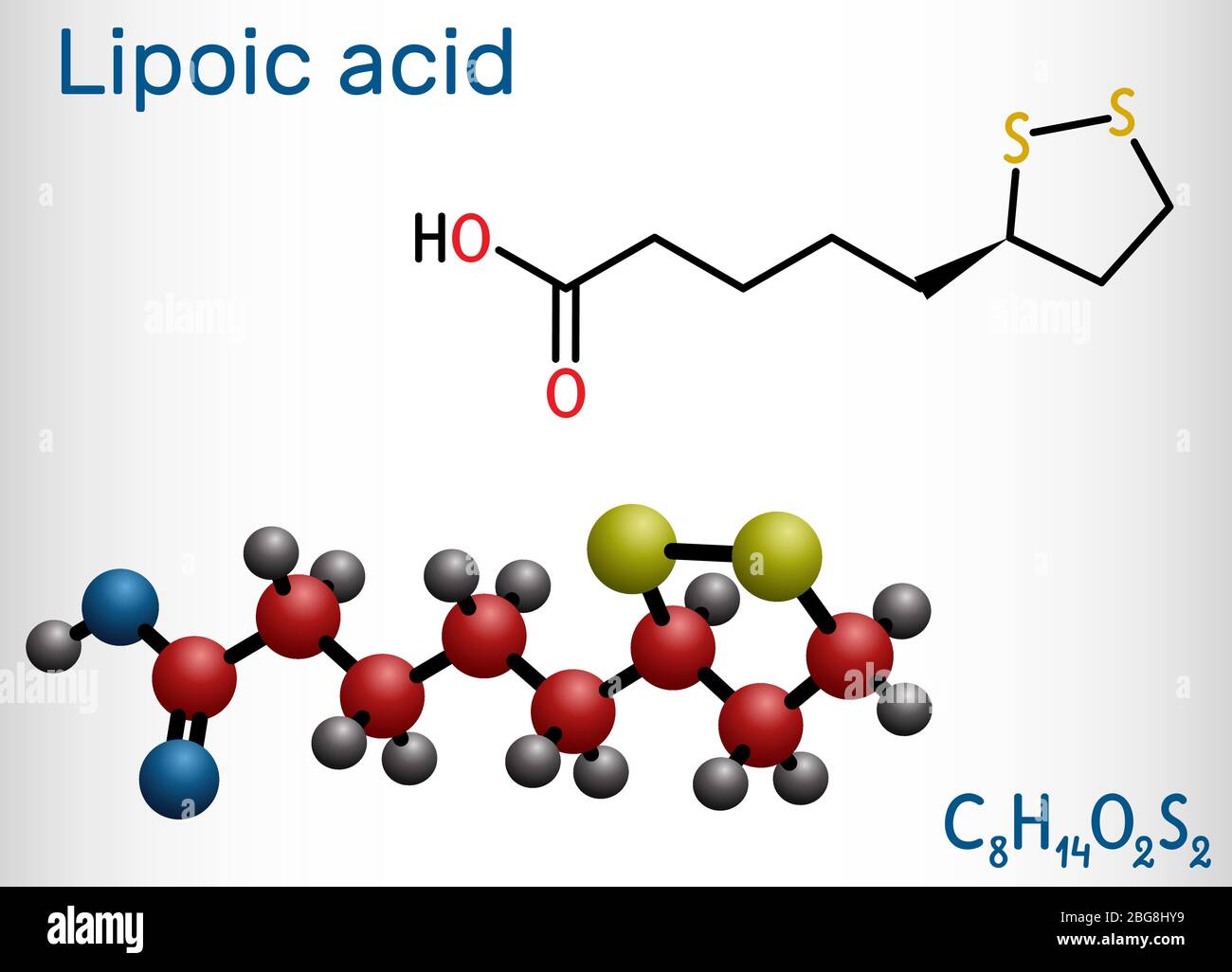 Acido lipoico, LA, ala, alfa lipoico, acido tiottico, molecola di lipoato. È composto organosolforoso, antiossidante vitaminico, cofattore enzimatico. Strutturam Illustrazione Vettoriale