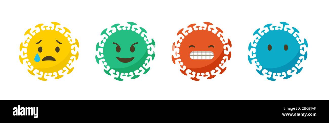 Emozioni e stati del coronavirus. Icone emoji impostate. Illustrazione vettoriale, sfondo e banner Illustrazione Vettoriale