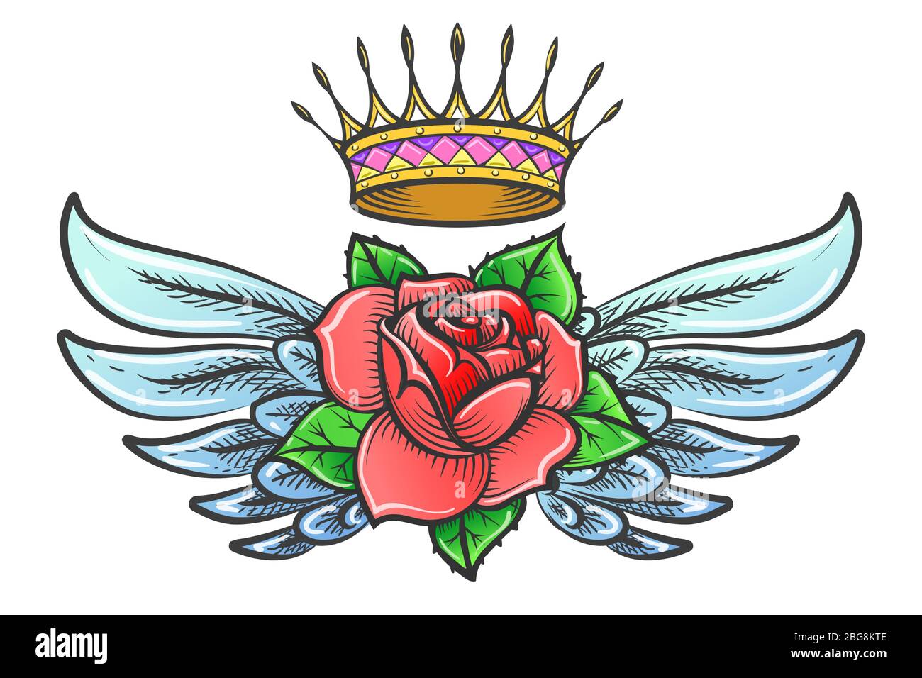 Rosa alato e Golden Crown Tattoo colorato. Illustrazione vettoriale. Illustrazione Vettoriale