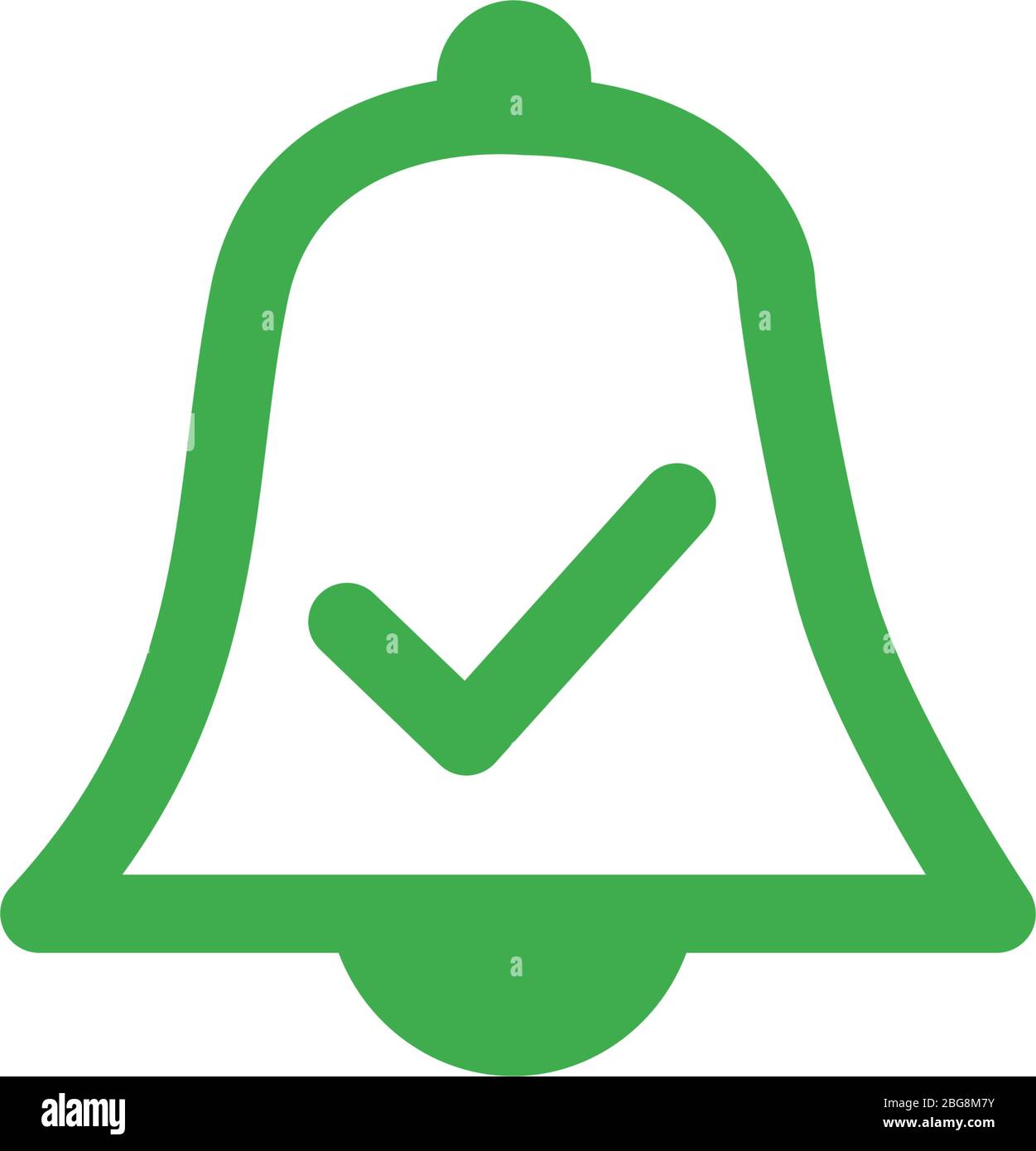Icona Consenti notifiche. Un allarme attivo sui dispositivi con il segno di spunta di scadenza sulla campana. Illustrazione vettoriale stock isolata Illustrazione Vettoriale