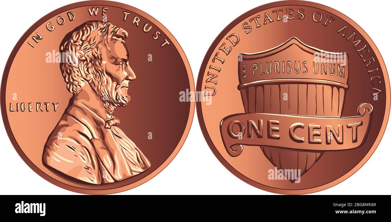 Denaro americano Lincoln Union Shield, Stati Uniti un centesimo o penny, moneta con il presidente Abraham Lincoln su oscverso e Unione scudo sul contrario Illustrazione Vettoriale