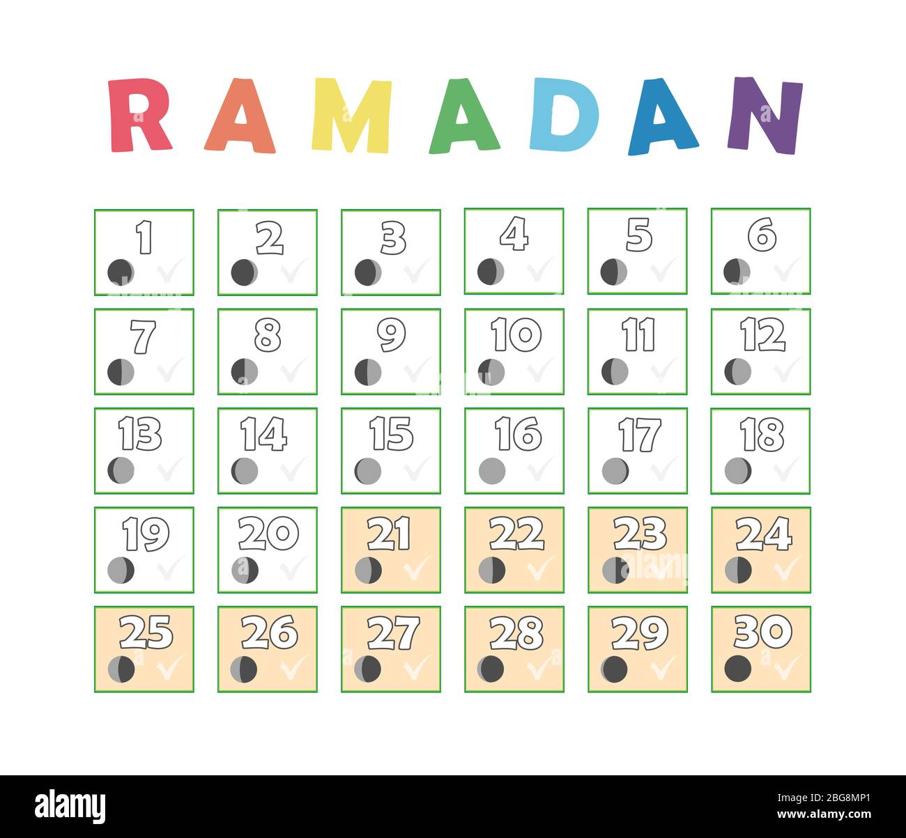 Ramadan calendario bambini. Calendario delle tessere a digiuno, fasi del  ciclo lunare, Nuova luna. 30 giorni di Ramadan mese santo islamico.  Illustrazione grafica vettoriale Immagine e Vettoriale - Alamy