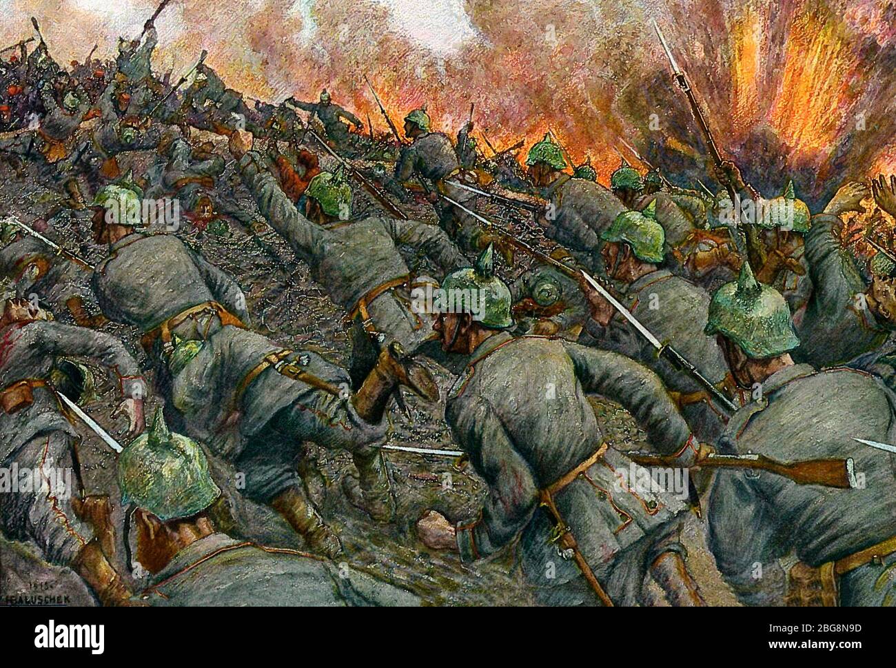 Attacco – (raffigurante le truppe tedesche) durante la prima guerra mondiale - Hans Baluschek Foto Stock