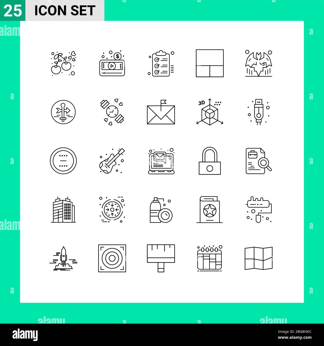 Pacchetto di linee vettoriali modificabile di 25 semplici linee di pipistrelli, layout, video, griglia, elementi di progettazione vettoriale modificabili con wishlist Illustrazione Vettoriale