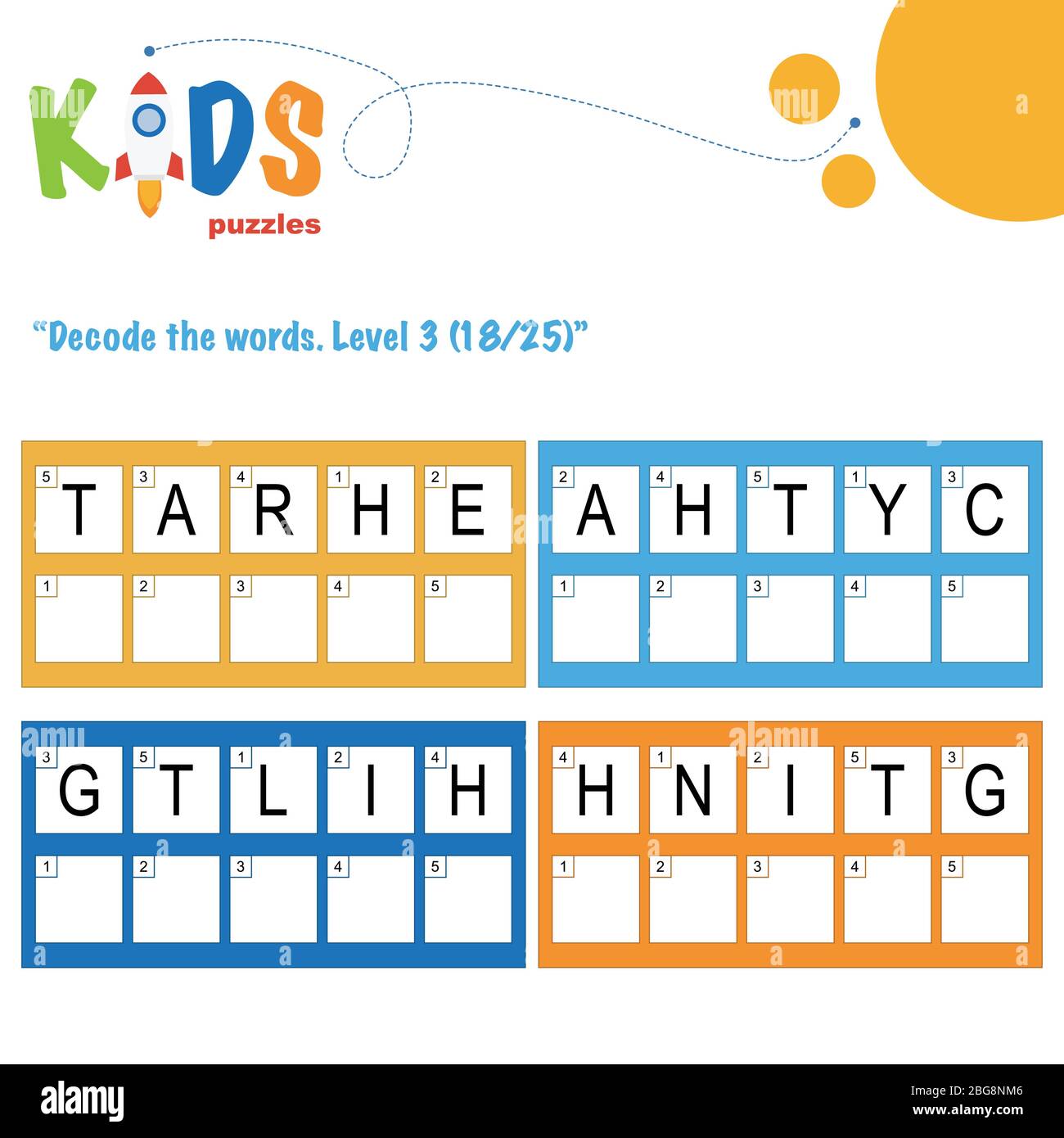 Decodificare le parole di 5 lettere. Esercitazione su fogli di lavoro per bambini di scuola media, elementare e prescolare. Foglio attività puzzle logica divertente. Illustrazione Vettoriale