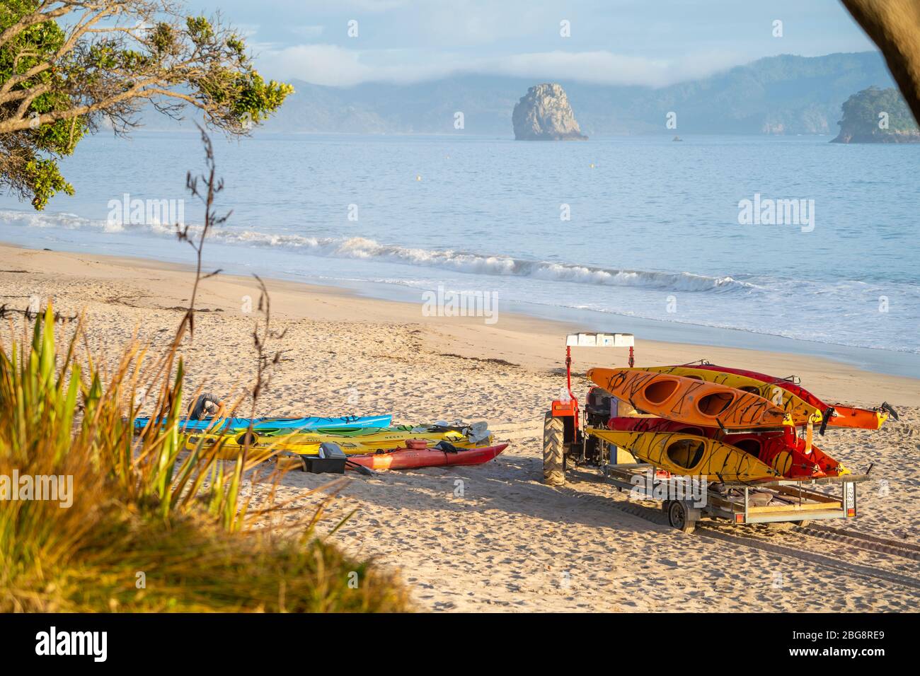 Kayak sulla spiaggia di Hahei, Penisola di Coromandel, Isola del Nord, Nuova Zelanda Foto Stock