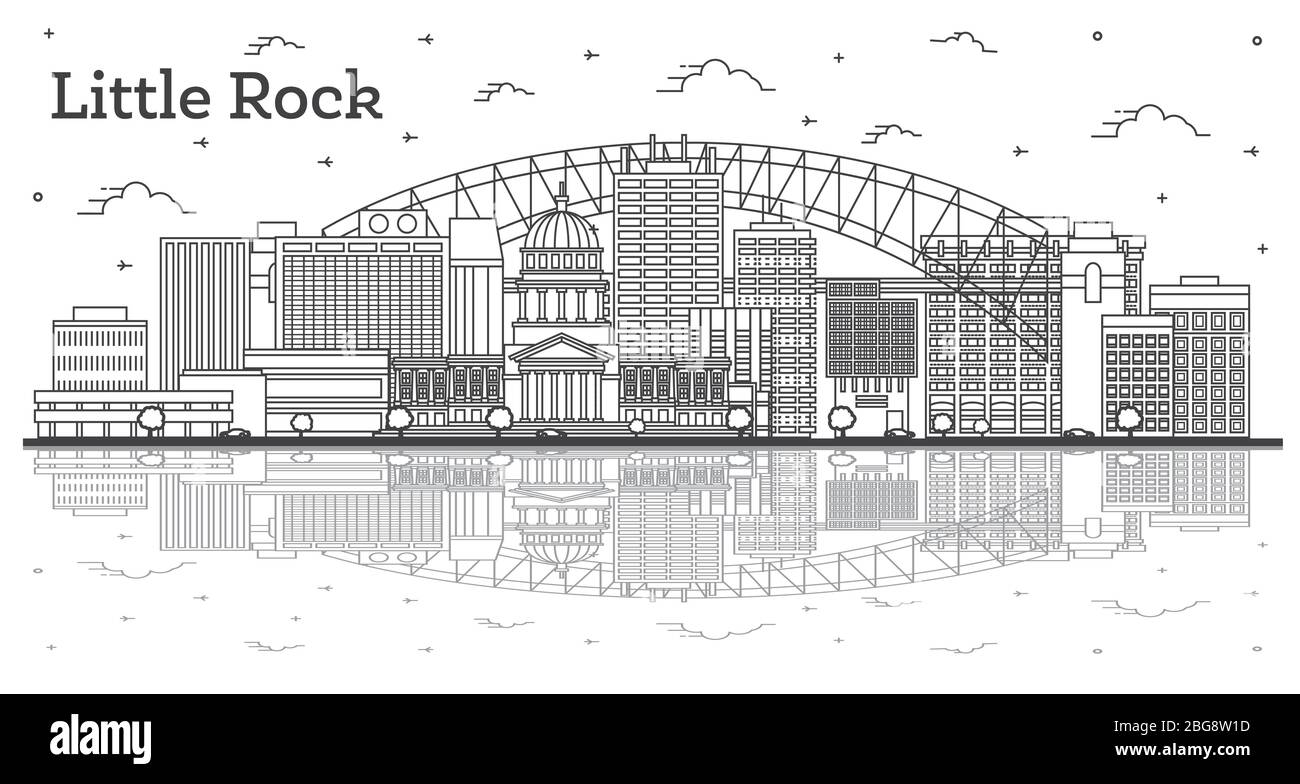 Delineate lo skyline di Little Rock Arkansas City con edifici moderni e riflessi isolati su White. Illustrazione vettoriale. Illustrazione Vettoriale