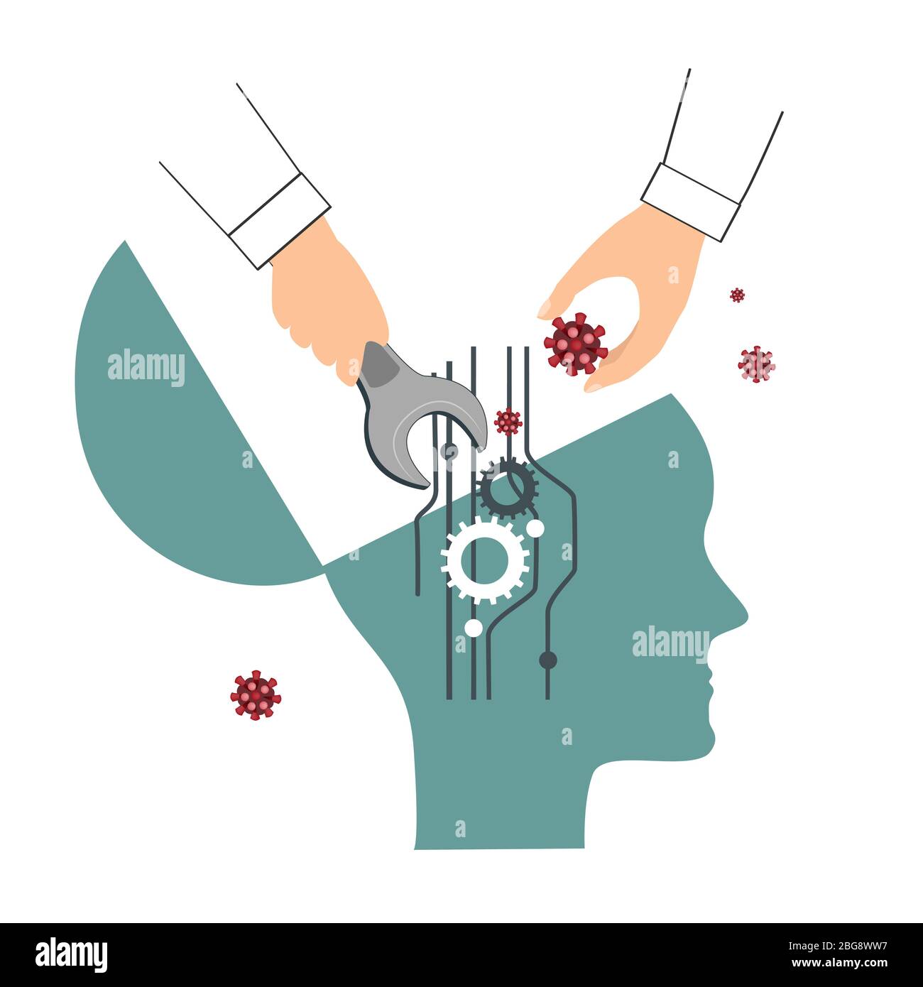 Vettore virus pensato. Panico diffuso, manipolazione mentale, concetto di pensiero cattivo. Mano umana che apre l'altra persona testa e mettere il virus Illustrazione Vettoriale