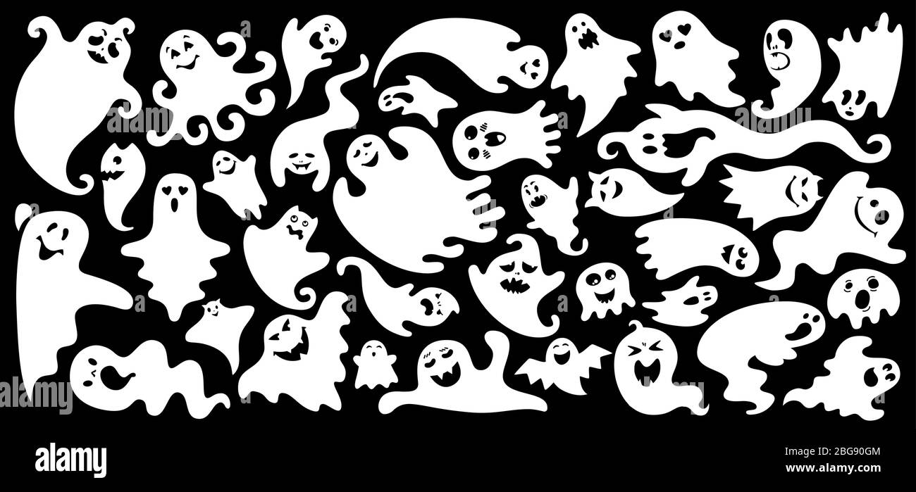 Set di cartoni animati Ghost Flat. Semplice collezione di Halloween simpatici e spaventosi mostri fantasma. Personaggio divertente e divertente. Fantasmi monocromatici silhouette. Illustrazione vettoriale Illustrazione Vettoriale