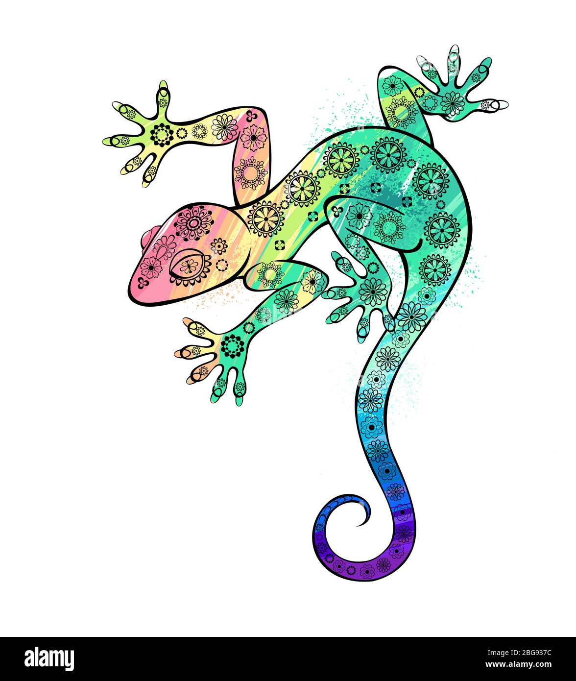 Rainbow gecko lucertola pittura acquerello su sfondo bianco. Illustrazione Vettoriale