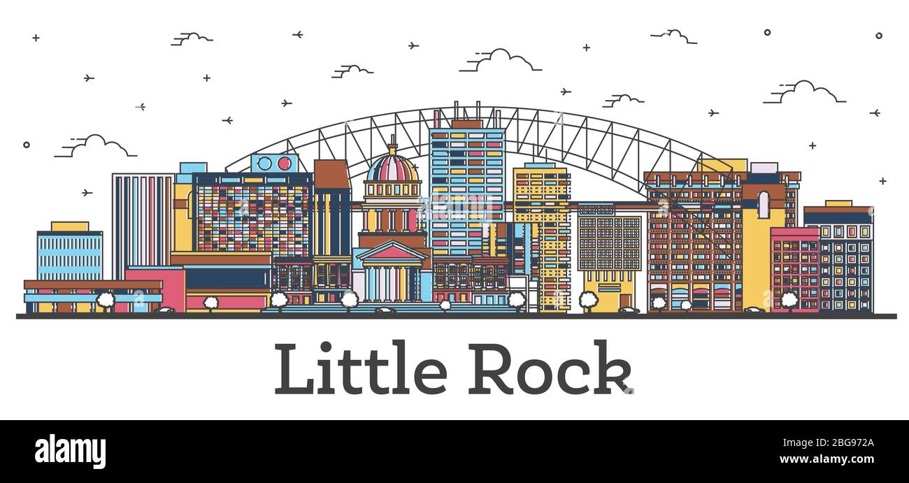 Contorno dello skyline di Little Rock Arkansas City con edifici a colori isolati su bianco. Illustrazione vettoriale. Little Rock USA paesaggio urbano con monumenti storici. Illustrazione Vettoriale