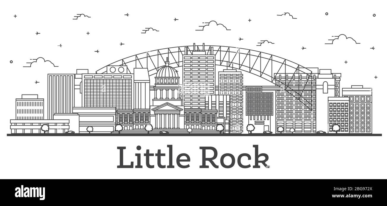 Delineate lo skyline di Little Rock Arkansas City con edifici moderni isolati su White. Illustrazione vettoriale. Little Rock USA paesaggio urbano con monumenti storici. Illustrazione Vettoriale