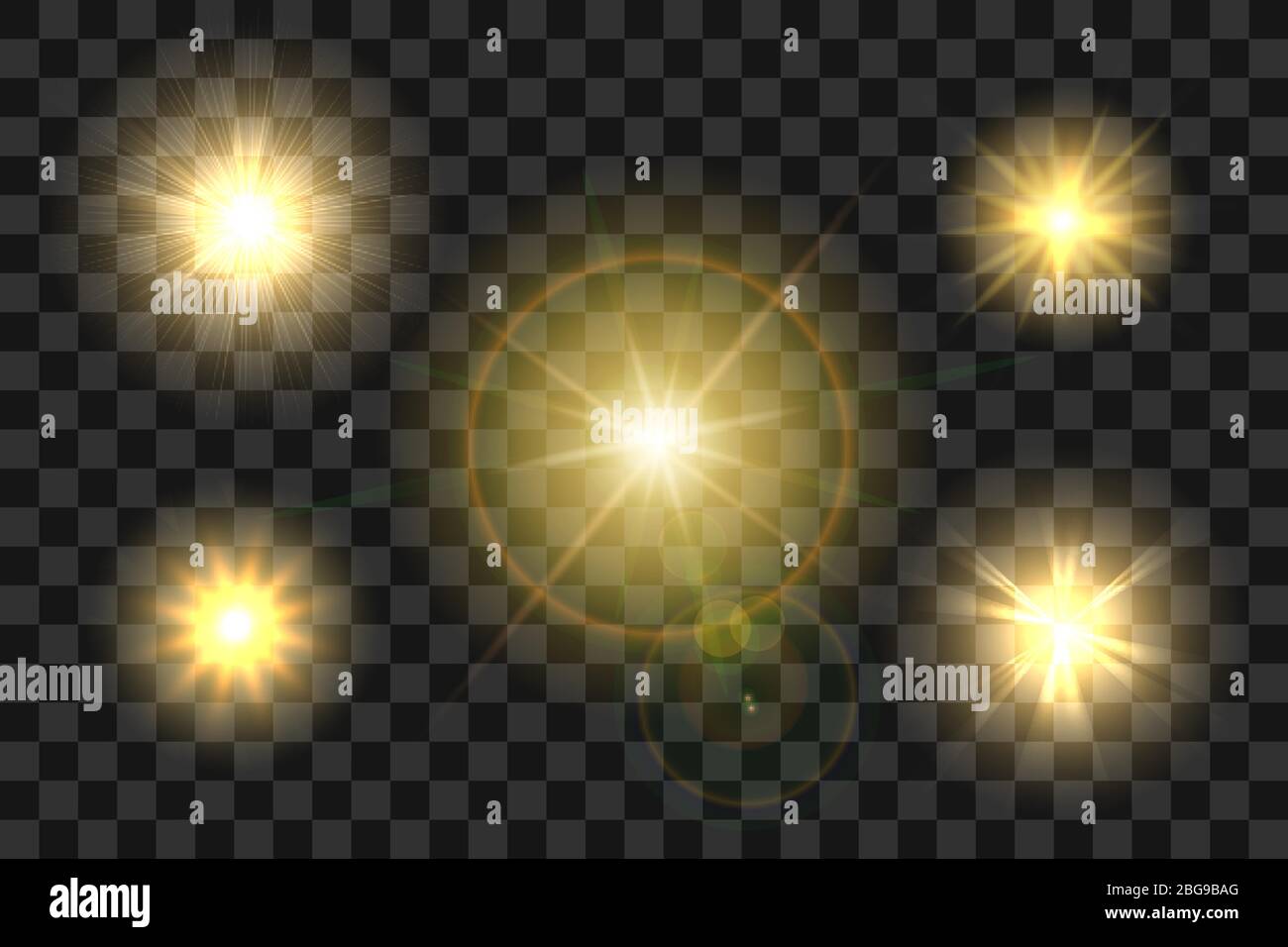 Set di effetti realistici di Sun Burst con effetto di luce a fascio luminoso su sfondo trasparente. Illustrazione vettoriale Illustrazione Vettoriale
