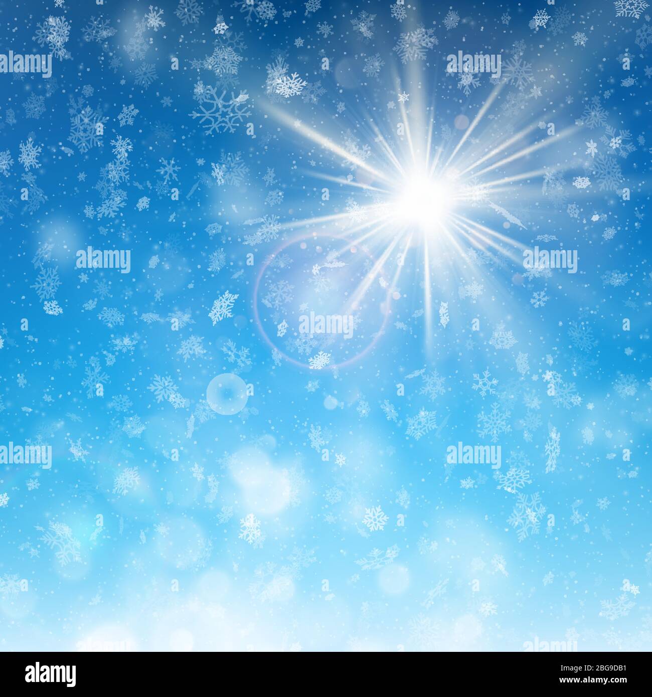 Delicato giorno di sole invernale con cielo blu e fondo nevoso. EPS 10 Illustrazione Vettoriale