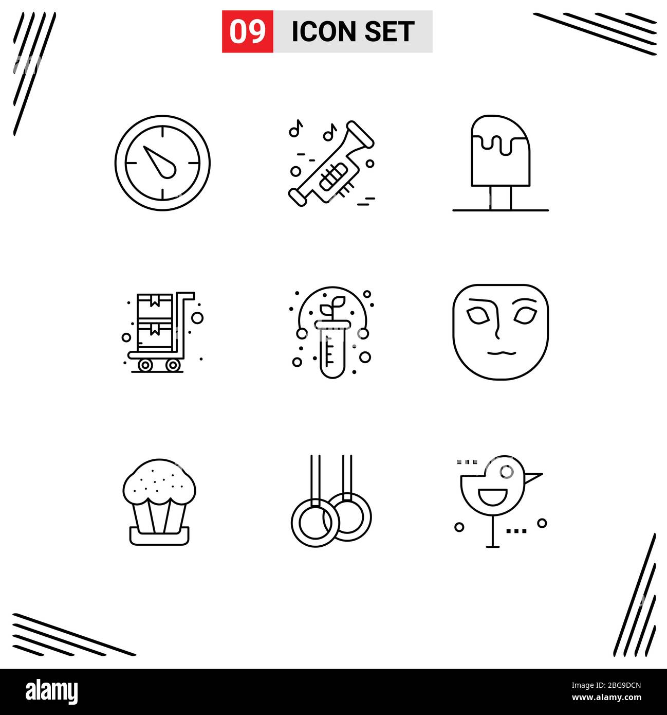 Confezione da 9 simboli e cartelli per Web Print Media, come test, ogm, cool, carrello, shopping, elementi di design vettoriali editabili Illustrazione Vettoriale