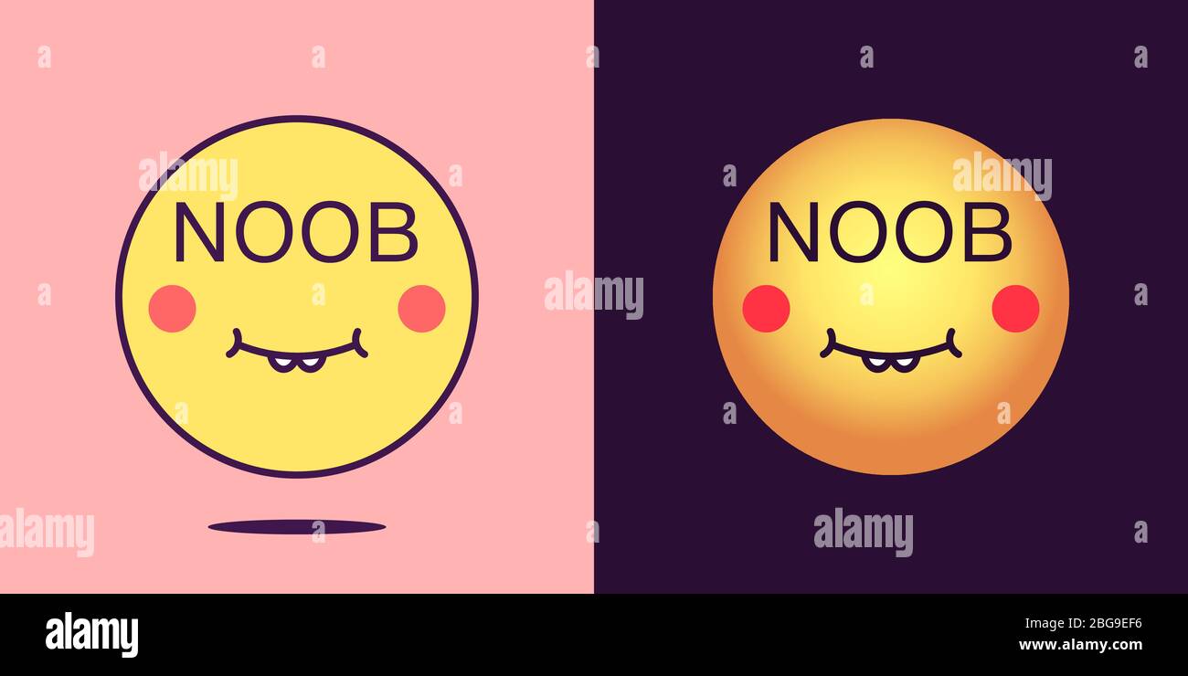 Icona del viso emoji con frase Noob. Emoticon non specializzato con testo Noob. Set di volti cartoni animati, icona emotiva per la comunicazione dei social media, adesivo perdente Illustrazione Vettoriale
