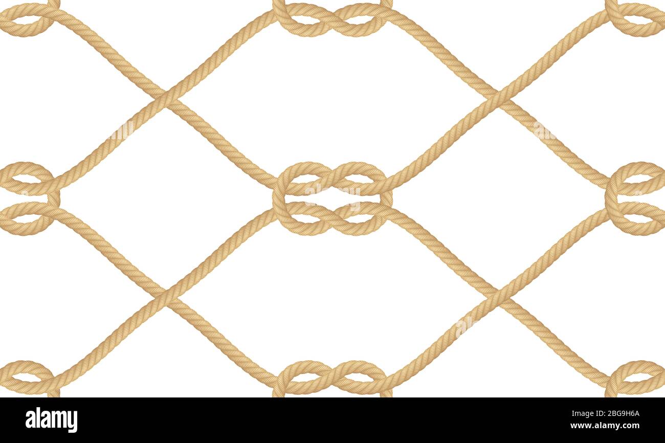 Disegno senza cuciture di nodo di corda nautica realistico isolato su bianco. Texture per prodotti da stampa o tessili, carta da imballaggio. EPS 10 Illustrazione Vettoriale