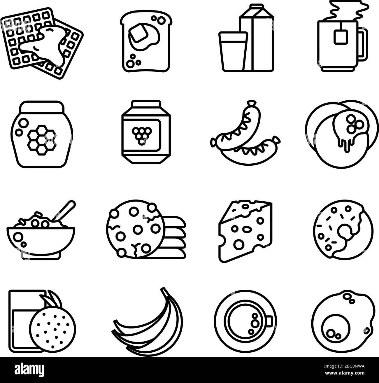 Colazione calda linea di pasti icone vettoriali. Cibo per la colazione, ciambelle e hamburger, caffè caldo e formaggio illustrazione Illustrazione Vettoriale