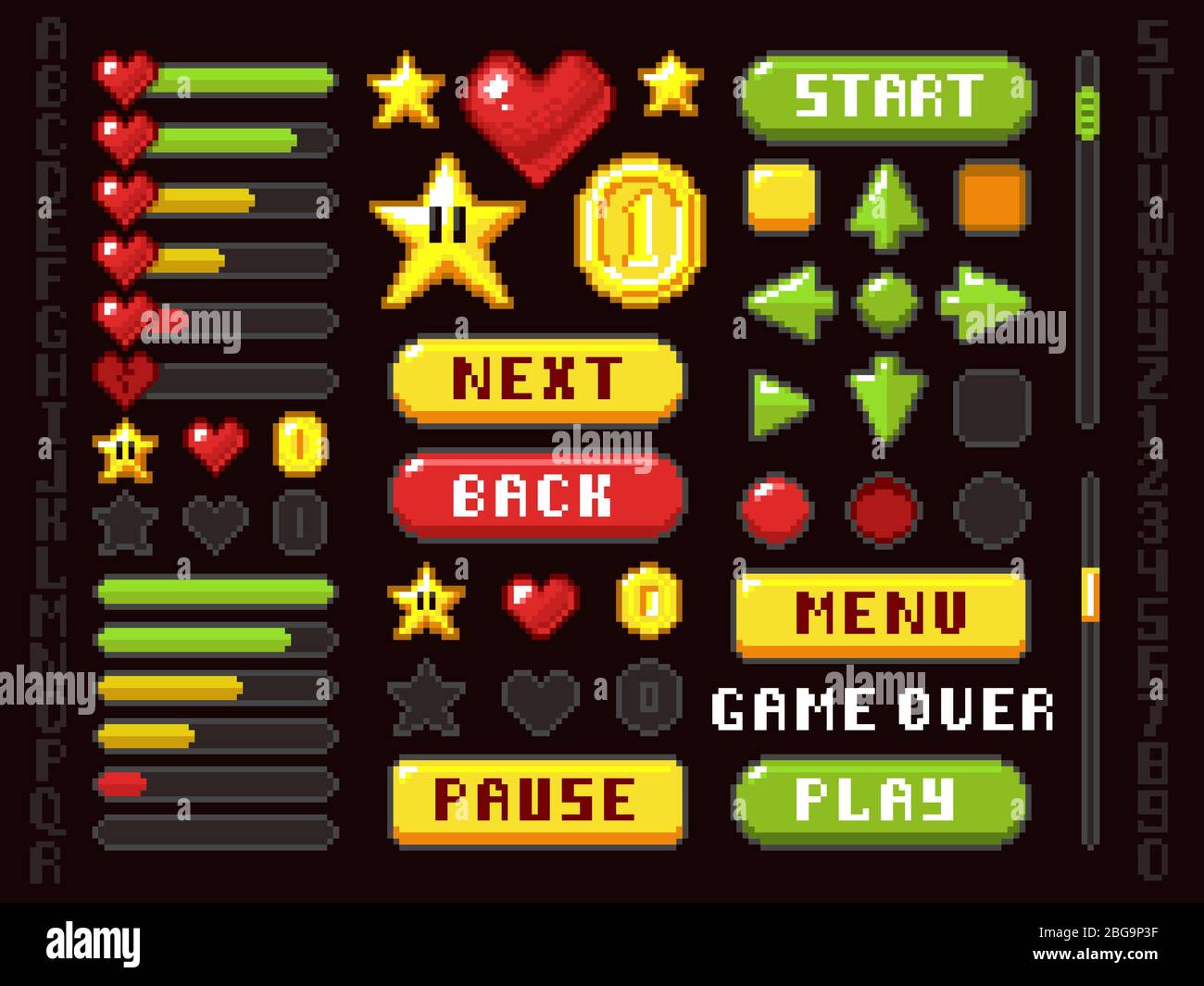 Pixel game buttons, elementi di navigazione e notazione e set di simboli vettoriali. Pulsante interfaccia gioco freccia e giocare, indietro e prossima illustrazione Illustrazione Vettoriale