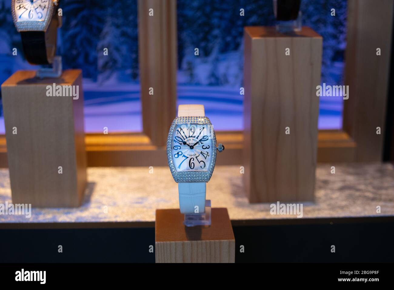 Ginevra, Svizzera, marzo 2020 orologio Franck Muller, vetreria con orologi meccanici alla moda, maestro delle complicazioni Foto Stock