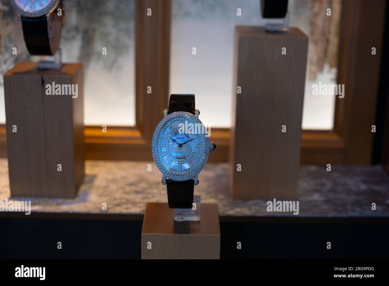 Ginevra, Svizzera, marzo 2020 orologio Franck Muller, vetreria con orologi meccanici alla moda, maestro delle complicazioni Foto Stock