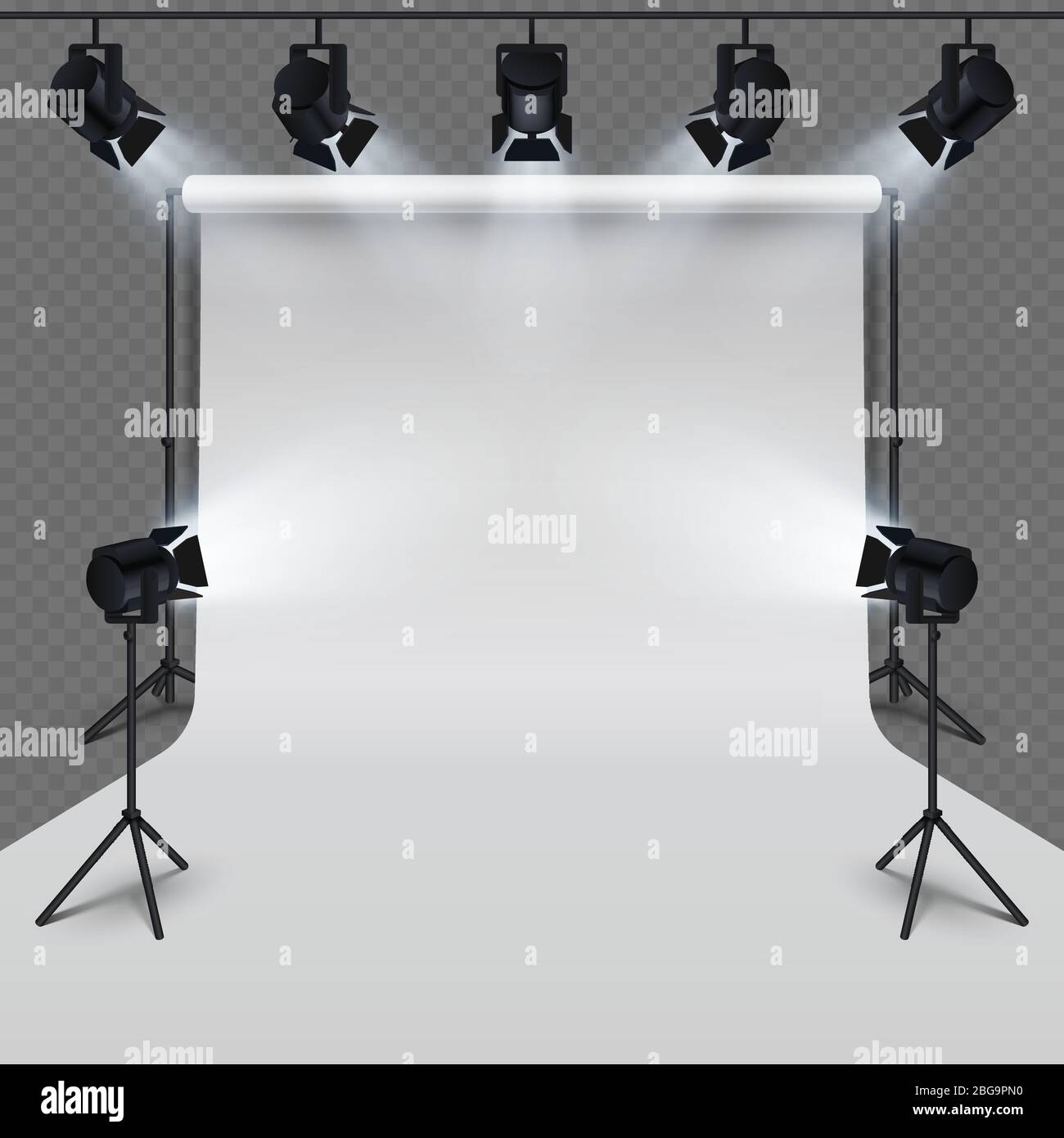 Apparecchiature di illuminazione e studio fotografico professionale bianco bianco isolato su sfondo trasparente. Illustrazione vettoriale Illustrazione Vettoriale