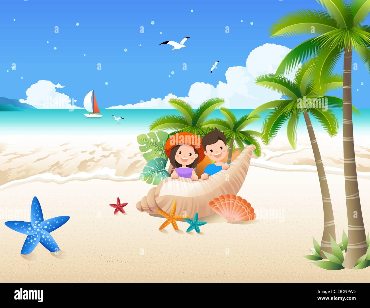 Vacanze estive-soleggiato paesaggio marino e persone all'interno della spiaggia di sabbia. Illustrazione Vettoriale