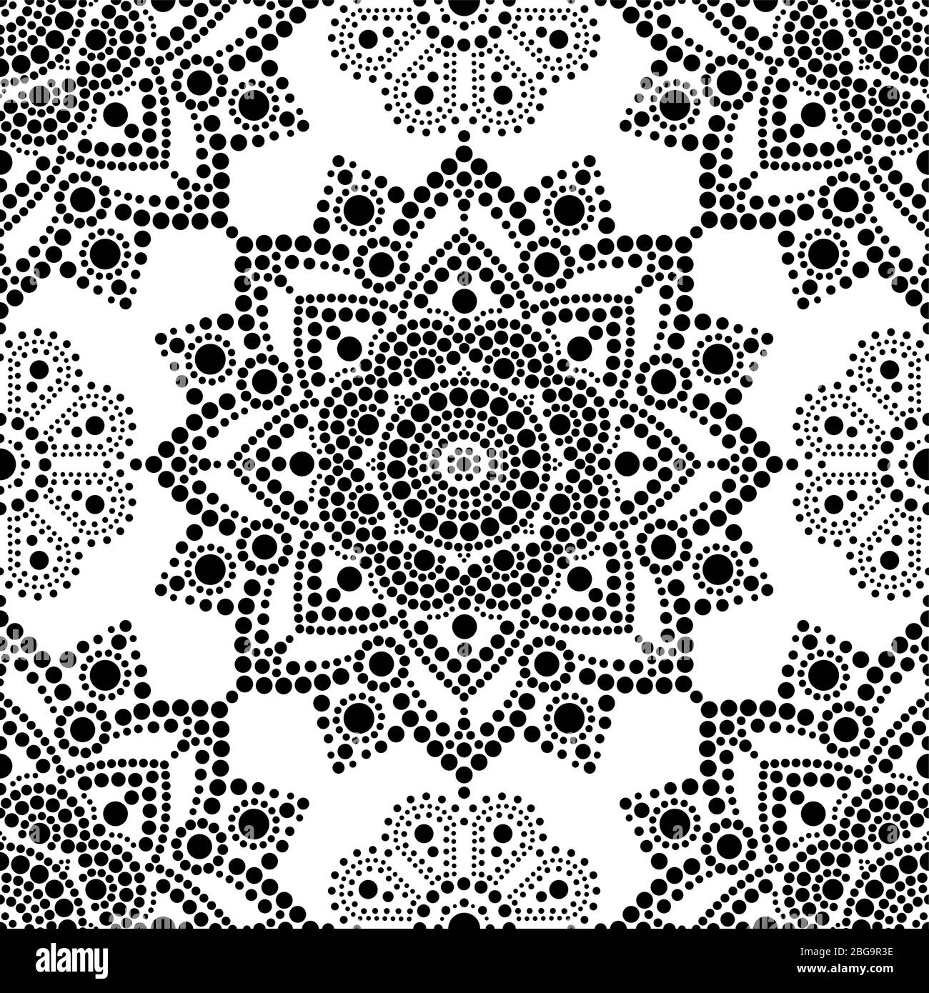 Disegno vettoriale bohemien di pittura a punti mandala, stile aborigeno, ornamento boho australiano di arte popolare in nero su sfondo bianco Illustrazione Vettoriale