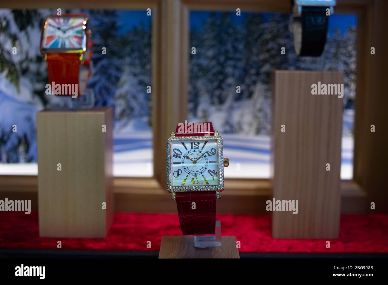 Ginevra, Svizzera, marzo 2020 orologio Franck Muller, vetreria con orologi meccanici alla moda, maestro delle complicazioni Foto Stock