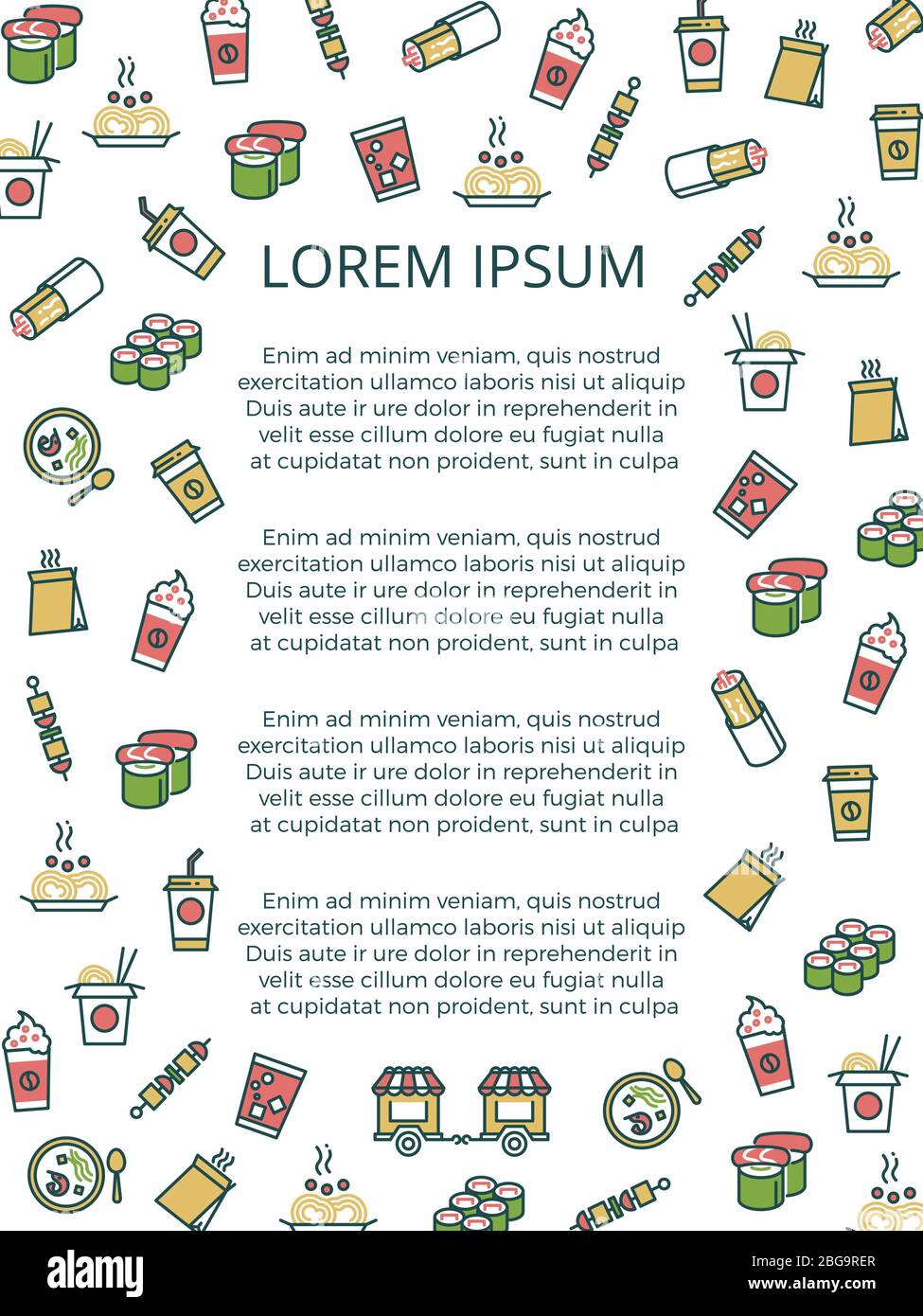 Poster banner fast food asiatico con icone a linea sottile. Illustrazione vettoriale Illustrazione Vettoriale