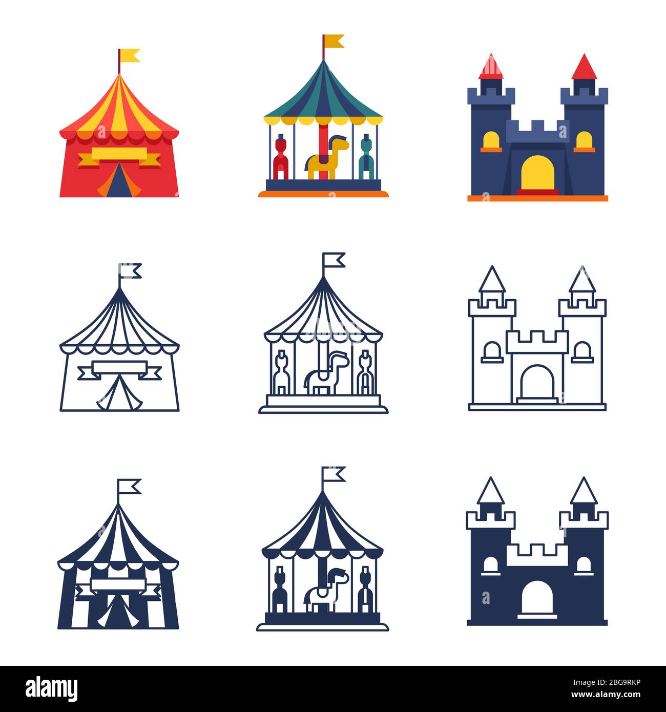 Parco di divertimenti tende a colori circo carnevale collezione icone. Illustrazione vettoriale Illustrazione Vettoriale