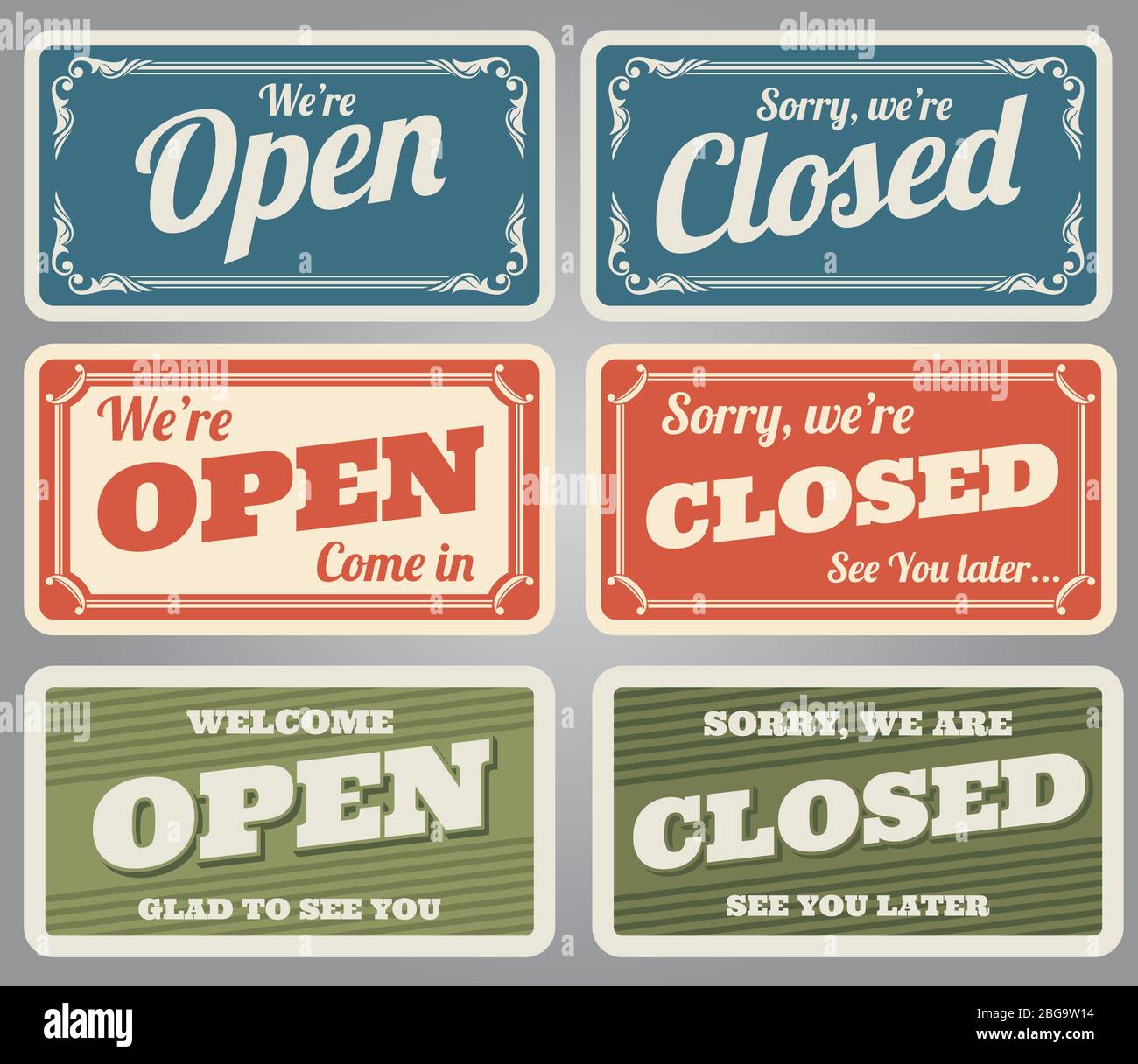 Cartelli vintage open e closed Vector Shop. Banner retrò per negozi aperti e  negozi chiusi per l'illustrazione della porta Immagine e Vettoriale - Alamy