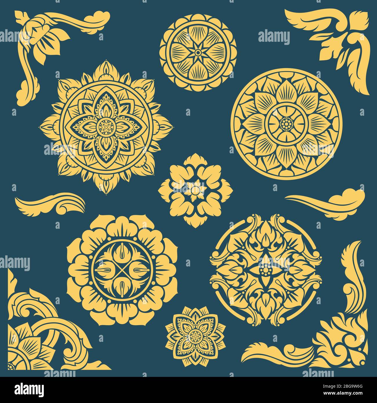 Modelli e cornici vettoriali etnici decorativi thailandesi, indiani e persiani. Illustrazione di cornice decorativa floreale, ornamento medaglione rotondo Illustrazione Vettoriale