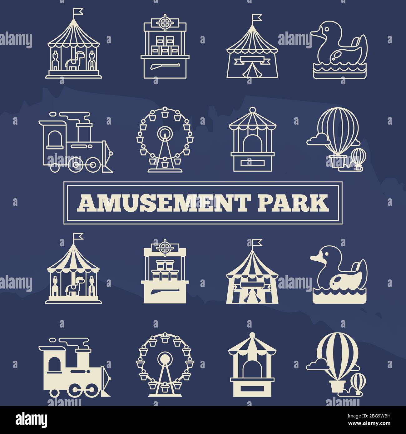 Luna Park linea sottile e icone di seta impostate. Cartello lineare per parco divertimenti. Illustrazione vettoriale Illustrazione Vettoriale