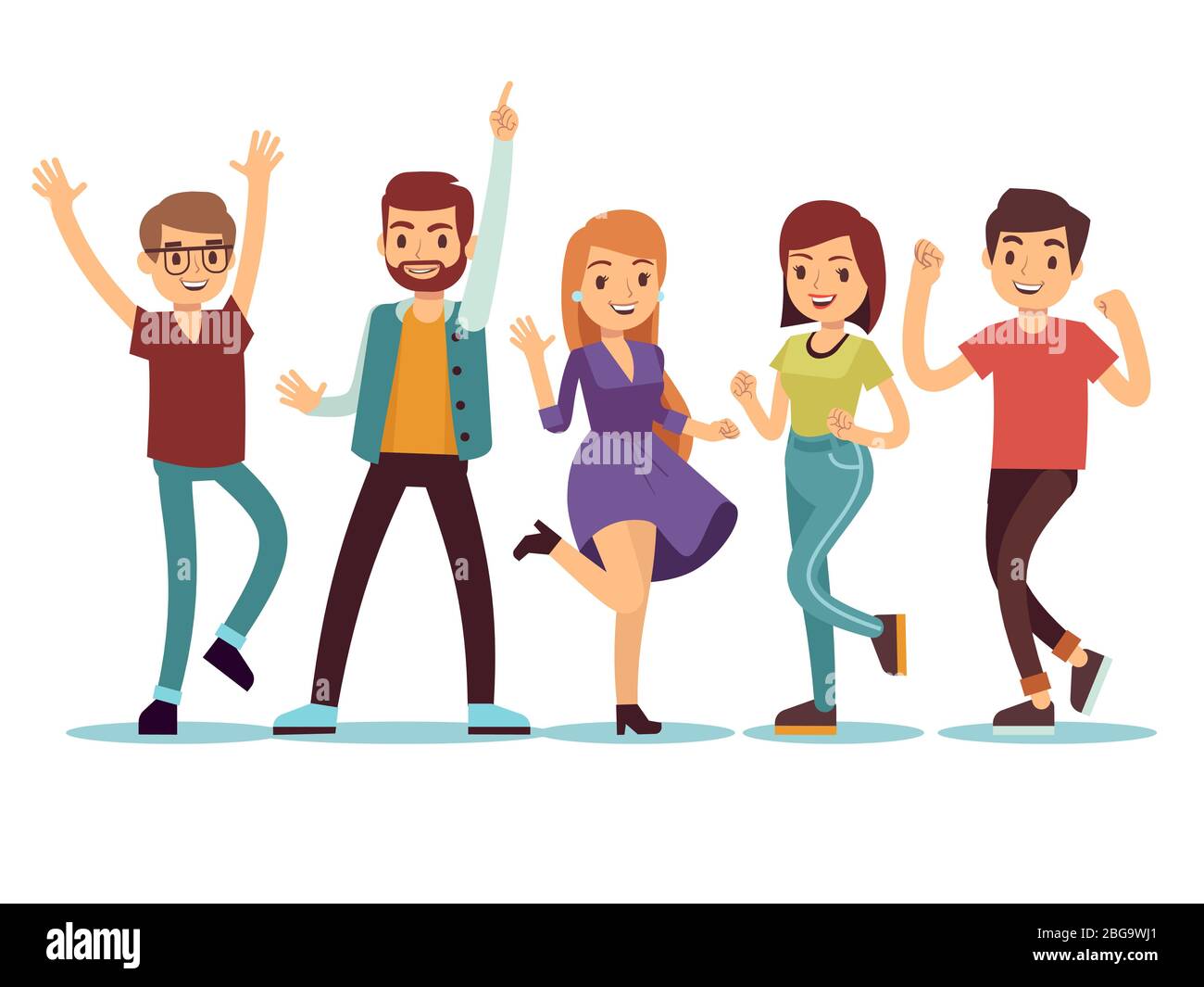 Buon sorriso ballare giovani alla festa di natale. Cartoon vettore persone impostato. Gruppo di giovani nell'illustrazione di partito di ballo Illustrazione Vettoriale