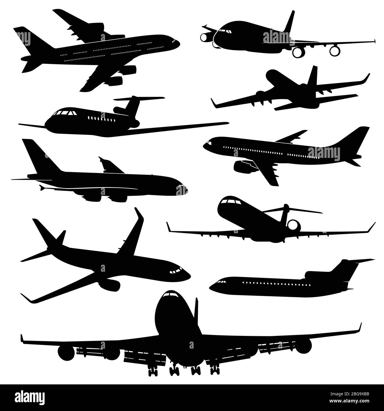 Aeroplano, aeroplani, aeroplani, silhouette vettoriali. Set di planari monocromatici nero, illustrazione del trasporto e del viaggio Illustrazione Vettoriale