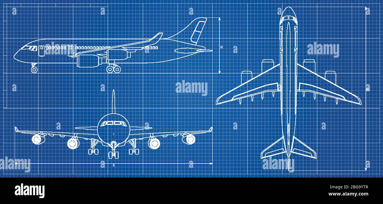 Piano aeroplano. Contorno aereo su sfondo blu. Illustrazione vettoriale. Disegno aereo, disegno piano grafico Illustrazione Vettoriale