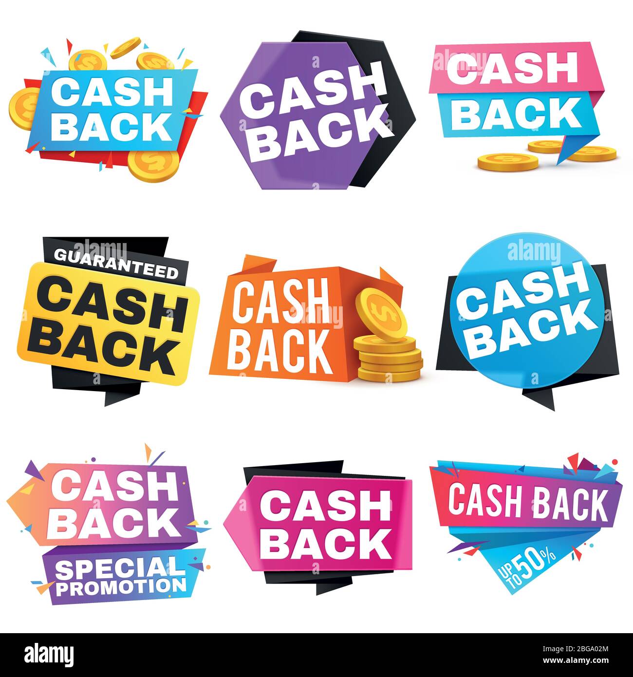 Banner di vendita vettoriale cash back con nastri. Icone di risparmio e rimborso. Badge e banner di rimborso, illustrazione della garanzia aziendale Illustrazione Vettoriale