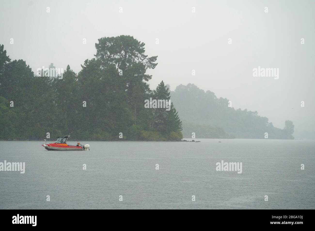 Barca ancorata in forte pioggia Lago Taupo, Isola del Nord, Nuova Zelanda Foto Stock